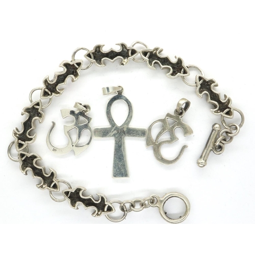 36 - 925 silver bracelet and three mixed pendants including an Ankh. P&P Group 1 (£14+VAT for the first l... 