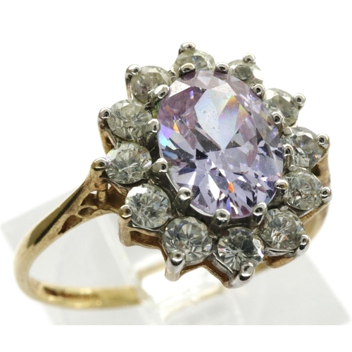 38 - 9ct gold daisy ring set with amethyst and CZ, size P, 2.2g. P&P Group 1 (£14+VAT for the first lot a... 