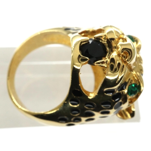 44 - Large gold enamelled and stone set plated tigers head ring, size N. P&P Group 1 (£14+VAT for the fir... 