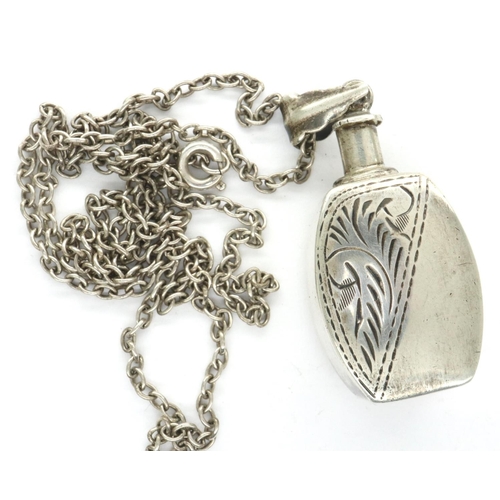 48 - Presumed silver bottle form pendant on a 925 silver chain, pendant H: 45 mm. P&P Group 1 (£14+VAT fo... 