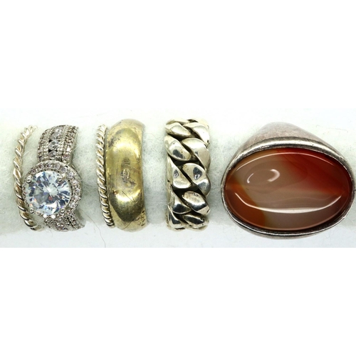 50 - Six mixed 925 silver rings, mixed sizes, one set with a large panel of agate. P&P Group 1 (£14+VAT f... 