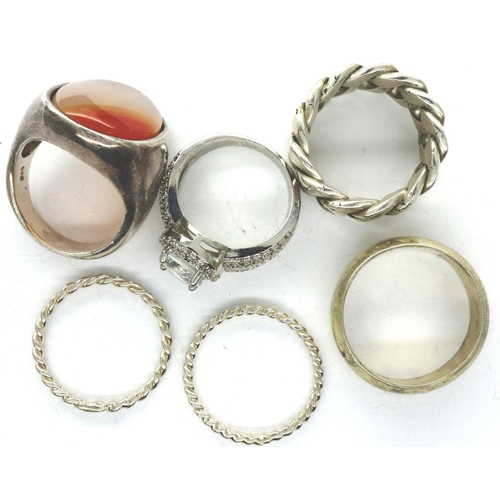 50 - Six mixed 925 silver rings, mixed sizes, one set with a large panel of agate. P&P Group 1 (£14+VAT f... 