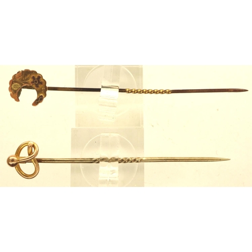 54 - Two 9ct gold pin brooches, largest L: 70 mm, combined 2.1g. P&P Group 1 (£14+VAT for the first lot a... 