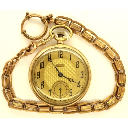 62 - Falcon: A gold plated pocket watch and chain, working at lotting. P&P Group 1 (£14+VAT for the first... 