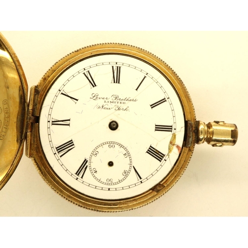 63 - Lever Brothers Limited: 14ct gold plated half hunter pocket watch , crack to dial and lacking crown,... 