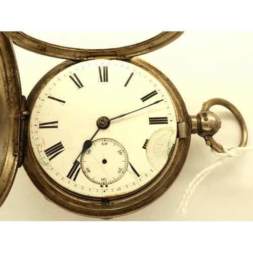 64 - Hallmarked silver key wind full hunter pocket watch, Chester assay, not working at lotting, 139g. P&... 