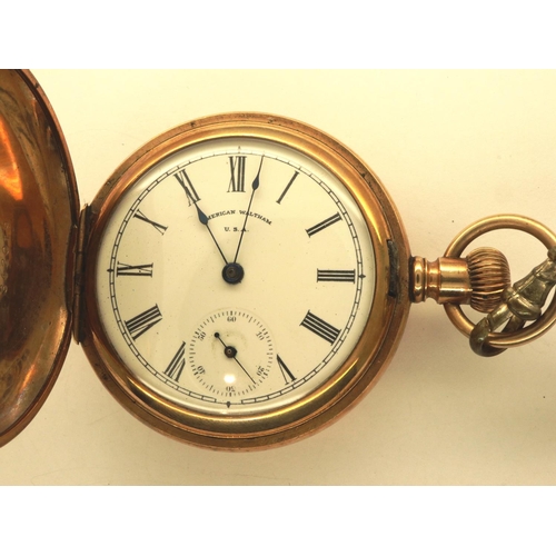 67 - Waltham: A gold plated crown wind full hunter pocket watch, ticks for 10 seconds, then stops. P&P Gr... 