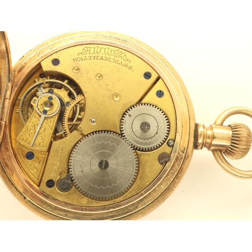 67 - Waltham: A gold plated crown wind full hunter pocket watch, ticks for 10 seconds, then stops. P&P Gr... 