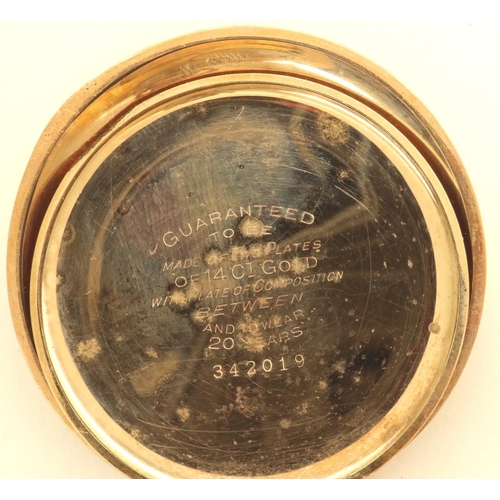 67 - Waltham: A gold plated crown wind full hunter pocket watch, ticks for 10 seconds, then stops. P&P Gr... 