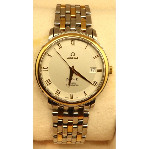 72 - Omega: gents automatic De Ville co-axial bi-metal gold and steel wristwatch, with date aperture, no ... 