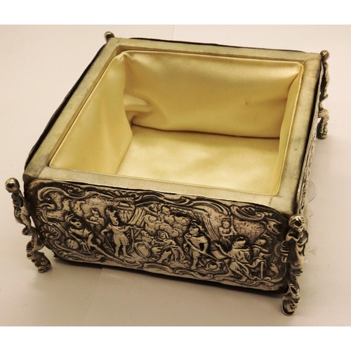 81 - Victorian hallmarked silver bound trinket box, with silk lined interior and figural mounts, London a... 