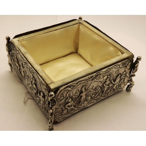 81 - Victorian hallmarked silver bound trinket box, with silk lined interior and figural mounts, London a... 