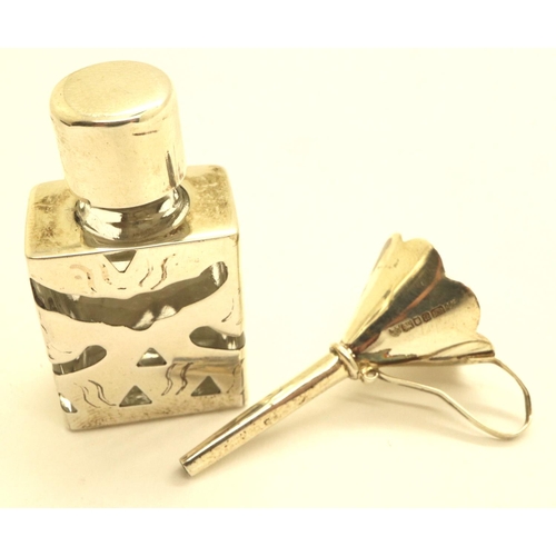 108 - Hallmarked silver mounted glass perfume bottle and funnel, boxed. P&P Group 1 (£14+VAT for the first... 