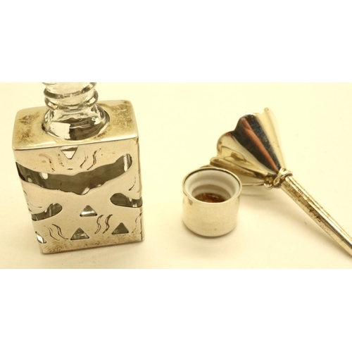 108 - Hallmarked silver mounted glass perfume bottle and funnel, boxed. P&P Group 1 (£14+VAT for the first... 