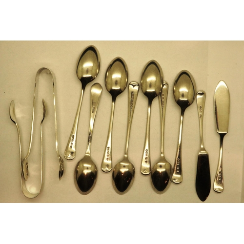 114 - Mixed silver cutlery, seven John Round hallmarked silver spoons, Sheffield assay 1997, two sugar ton... 