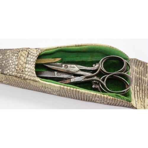 174 - Snakeskin scissor case, with three pairs of scissors, case L: 16 cm. P&P Group 1 (£14+VAT for the fi... 