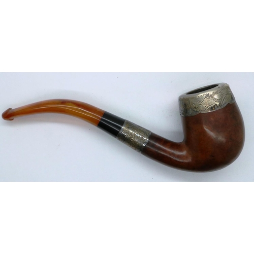 179 - Cased smoking pipe with amber stem and white metal mount. P&P Group 1 (£14+VAT for the first lot and... 