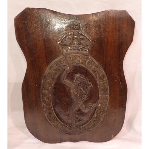 1279 - Relief carved Royal Corps of Signals emblem, 30 x 25 cm. P&P Group 2 (£18+VAT for the first lot and ... 