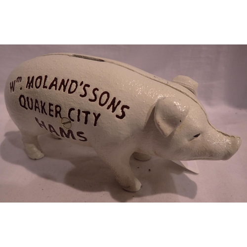 1373 - Cast iron W Molands Sons Quaker City Hams piggy bank, L: 20 cm. P&P Group 1 (£14+VAT for the first l... 