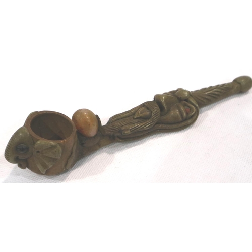 299 - 19th century Oriental terracotta pipe, the bowl surfixed with an elephant mask and stone set, L: 18 ... 