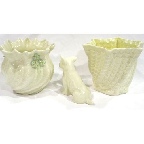 255 - Three Belleek green backstamp items, two vases and a terrier, largest H: 11 cm, good condition, no c... 