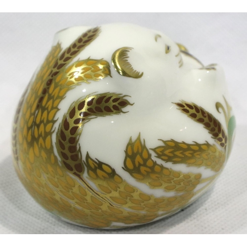 267 - Boxed Royal Crown Derby Sleeping Harvest Mouse, with gold stopper, H: 70 mm, no cracks or chips. P&P... 