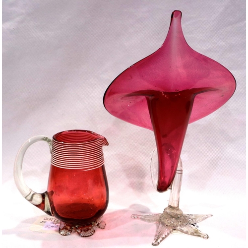 308 - Two pieces of Victorian cranberry glass, cream jug and vase, no cracks or chips, largest H: 23 cm. P... 