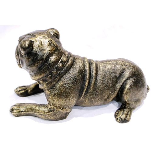 327 - Bronzed cast iron recumbent bulldog, L: 23 cm. P&P Group 1 (£14+VAT for the first lot and £1+VAT for... 