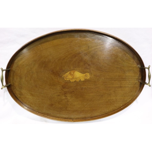 335 - Two walnut trays with inlaid decoration and brass handles, largest L: 65 cm. P&P Group 3 (£25+VAT fo... 