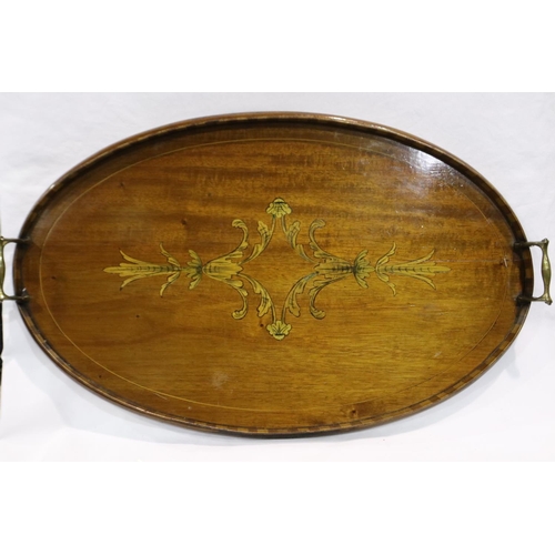 335 - Two walnut trays with inlaid decoration and brass handles, largest L: 65 cm. P&P Group 3 (£25+VAT fo... 