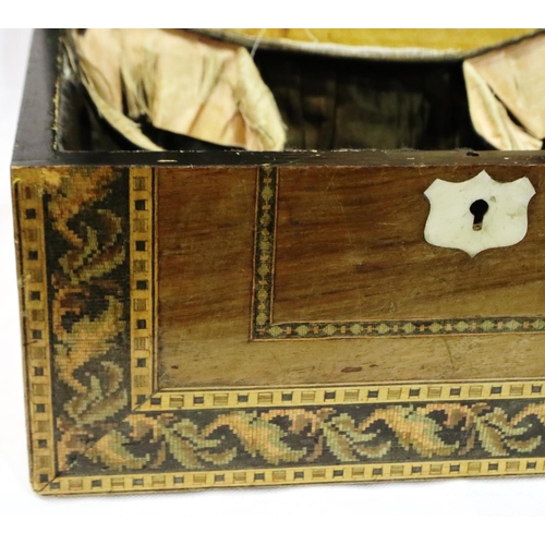 337 - 19th century marquetry inlaid casket, having a silk lined interior, 28 x 21 x 17 cm H, (for restorat... 