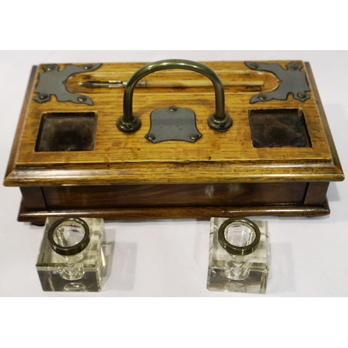 338 - Brass and oak pen stand with two glass inkwells, L: 29 cm. P&P Group 3 (£25+VAT for the first lot an... 