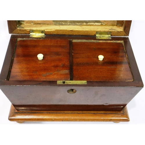 339 - Georgian inlaid walnut tea caddy of sarcophagus form with two section fitted interior, 26 x 16 x 20 ... 