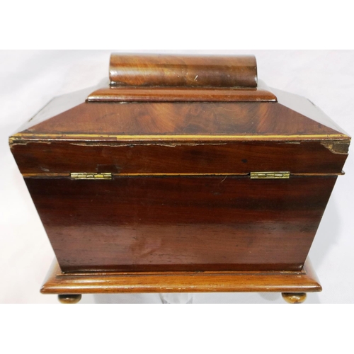 339 - Georgian inlaid walnut tea caddy of sarcophagus form with two section fitted interior, 26 x 16 x 20 ... 