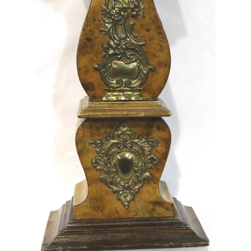 341 - Unusual shaped walnut cased mantle clock with brass detailing in relief, not working at lotting, H: ... 