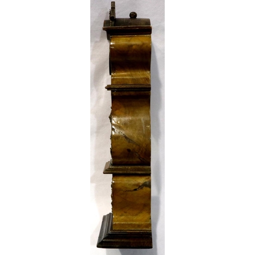 341 - Unusual shaped walnut cased mantle clock with brass detailing in relief, not working at lotting, H: ... 