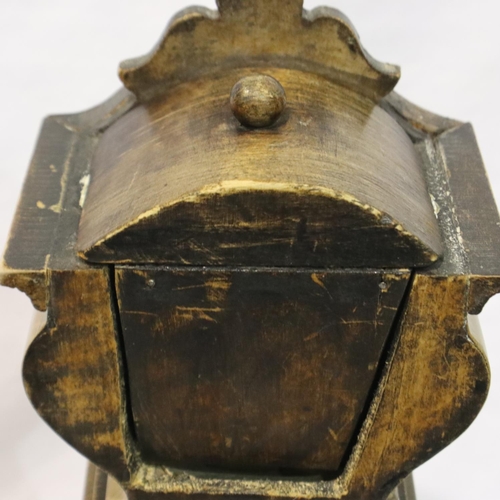 341 - Unusual shaped walnut cased mantle clock with brass detailing in relief, not working at lotting, H: ... 