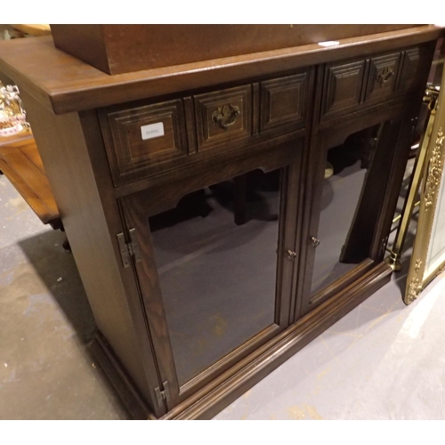 1492 - Hardwood two door glass fronted cabinet with two drawers and lower shelf, 100 x 50 x 100 cm. Not ava... 