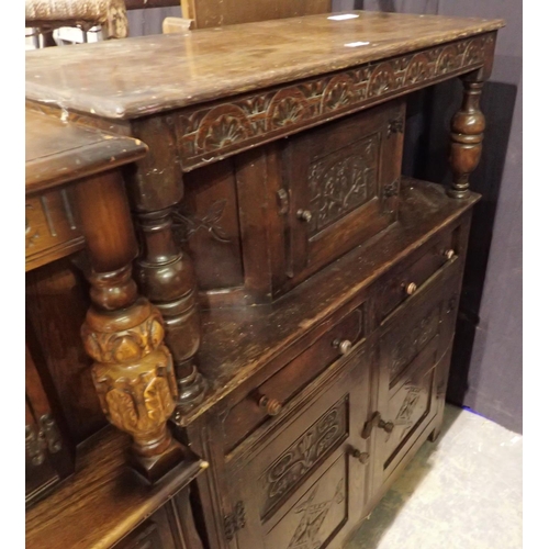 1573 - Oak court cupboard with carved front, 110 x 43 x 135 cm H. Not available for in-house P&P