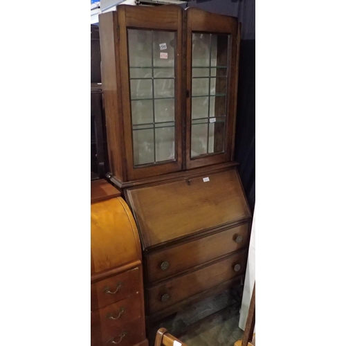 1590 - Oak bureau bookcase with fitted interior and lead glazed doors, 72 x 44 x 186 cm H. Not available fo... 