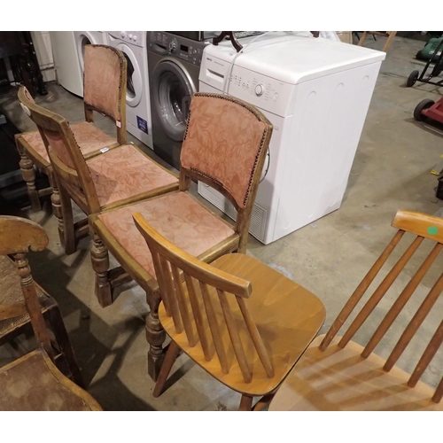 1594 - Set of three oak framed chairs with drop in seats and three further chairs (6). Not available for in... 