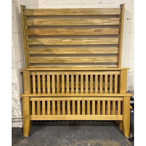 1608 - Oak king size bed frame with headboard and footboard with a mattress. Not available for in-house P&P