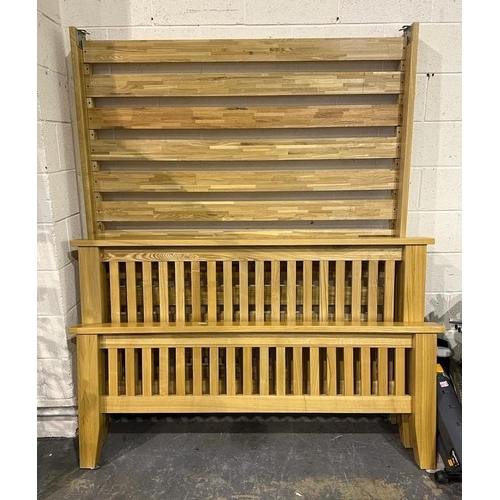 1609 - Oak king size bed frame with headboard and footboard with a mattress, used bed no missing parts, mat... 