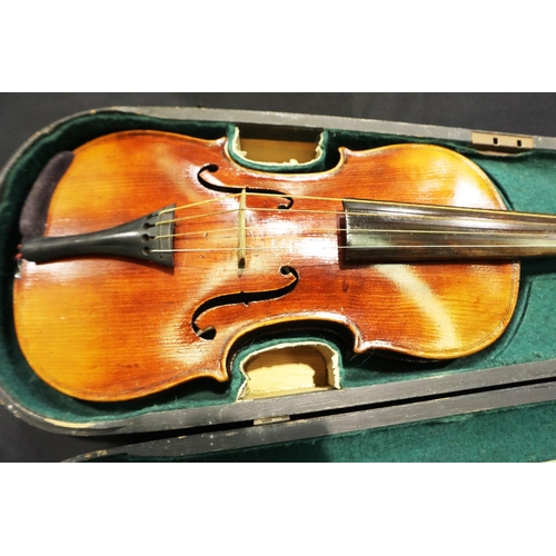 401 - A 19th century violin bearing no makers label, with bow and ebonised fitted case, violin L: 60 cm. P... 