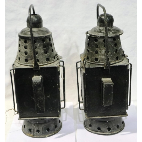 351 - Pair of coach lamps, converted to WWII blackout lamps, H: 39 cm. Not available for in-house P&P