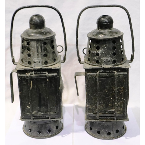 351 - Pair of coach lamps, converted to WWII blackout lamps, H: 39 cm. Not available for in-house P&P