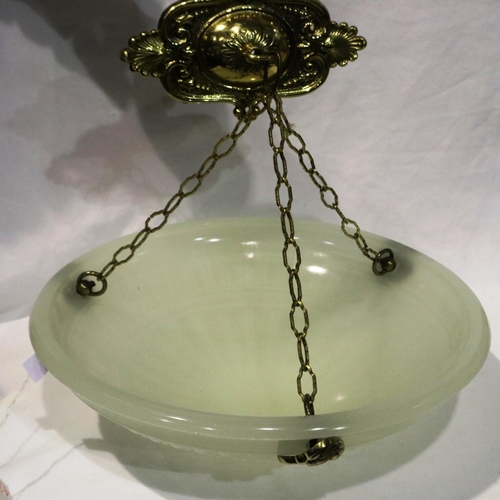 354 - Jefferson Moonstone glass hanging lamp shade on brass chains and boss. Not available for in-house P&... 