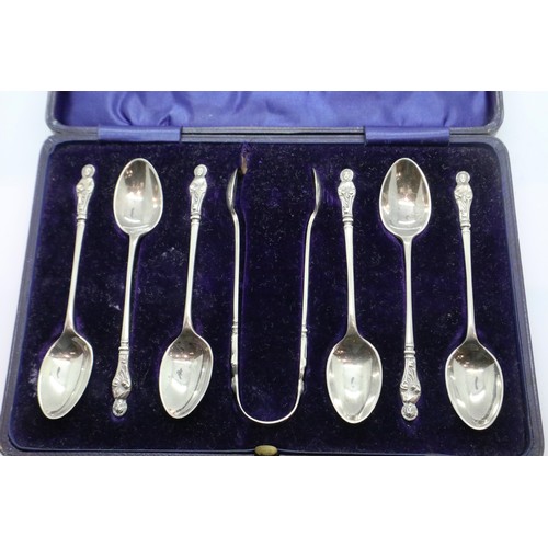 115A - Cased set of six hallmarked Apostle teaspoons and sugar nips, 104g. P&P Group 1 (£14+VAT for the fir... 