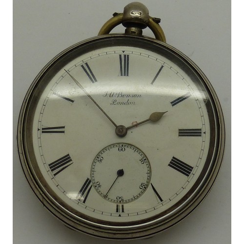 75 - JW Benson, London hallmarked silver pocket watch, not working at lotting, D: 50 mm. P&P Group 1 (£14... 