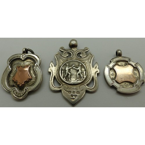 114A - Three hallmarked silver fobs to include a boxing example, 31.g, largest H: 40 mm. P&P Group 1 (£14+V... 